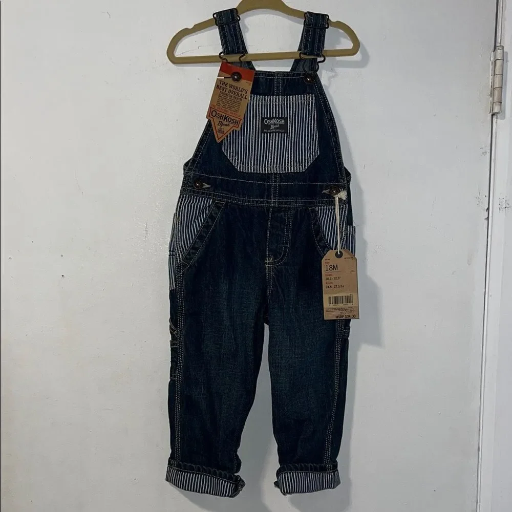 OSH GOSH B ‘GOSH Denim with Striped Detail Overalls-18M NWT!